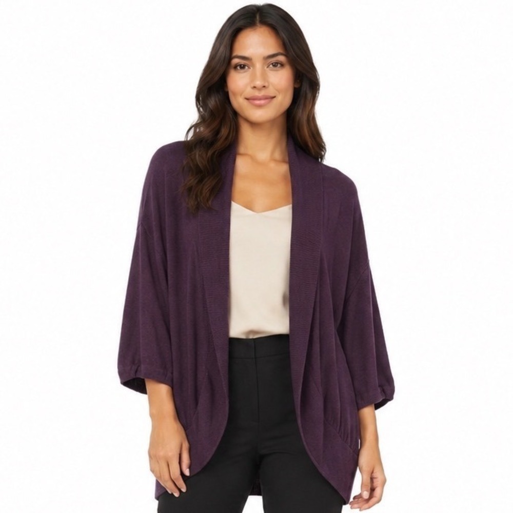 Ann Taylor LOFT Plum Purple Open Front Cardigan Rabbit Hair Blend L Fall 112-05